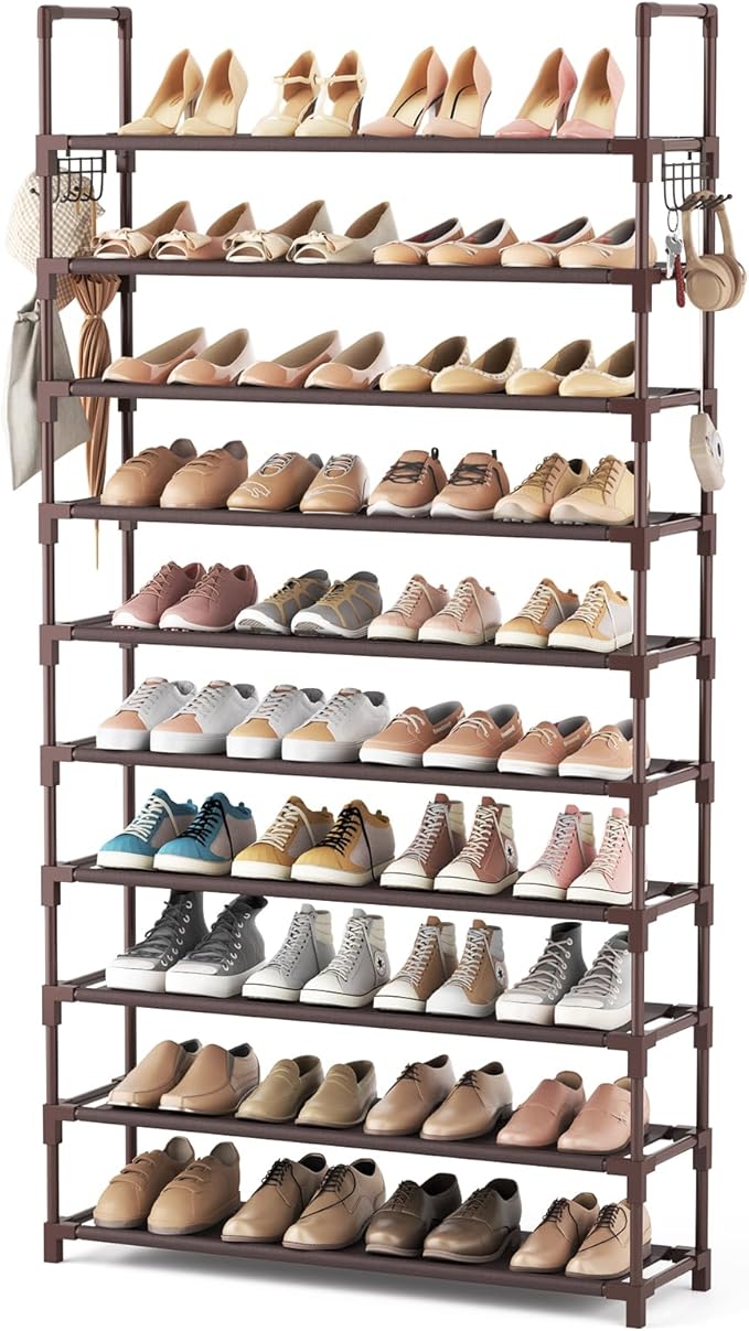 VTRIN 10 Tiers Shoe Rack Tall Large Capacity Wide Shoe Organizer Sturdy Shoe Shelf for Entryway with Two Hooks Metal Shoe Sto