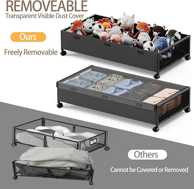 KITHELP Under Bed Storage Containers with Wheels, Underbed Shoe Storage Organizer with Removable Lids, Large Rolling Under Be