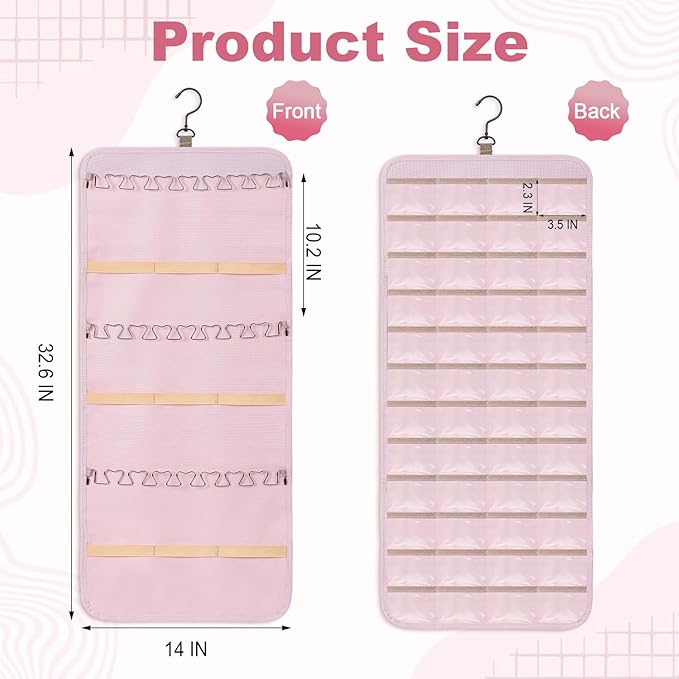 Dynoro Double-Sided Hanging Jewelry Organizer, Large Pink Storage Roll for Earrings, Necklaces, Rings, 48 Pockets 21 Hooks, D