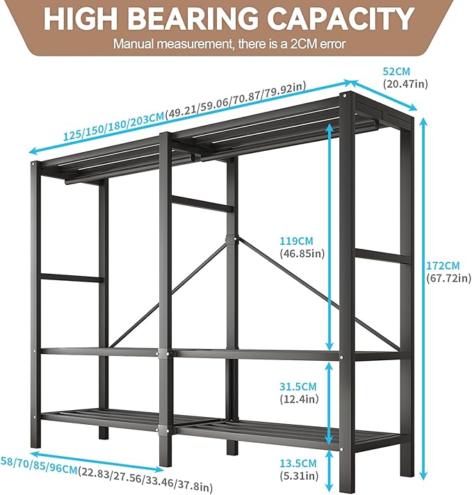 Heavy Duty Clothes Rack with Cover, Portable Wardrobe Closet with Magnetic Door & Black Steel Frame, Foldable Freestanding Ga