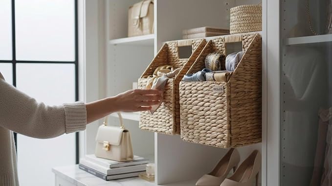 Wicker Hanging Storage Basket (10,5"Lx6,5"Wx13"H), Set of 2 Wall Baskets, Water Hyacinth Baskets, Wall Decor Hyacinth Basket 