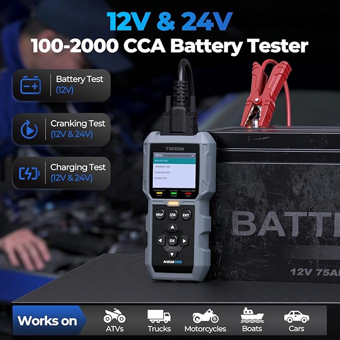 TOPDON AL500B OBD2 Scanner Battery Tester 2 in 1 Code Reader, Full OBDII Diagnosis, 12V Battery Tests & 12V/24V Cranking