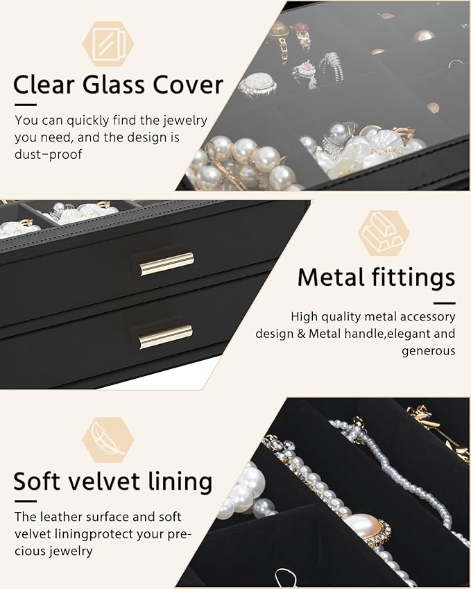 AKOZLIN Jewelry Box with Clear Lid Functional Leather Jewelry Storage Organizer Case 2 Drawers for Women Girls Necklace Ring 