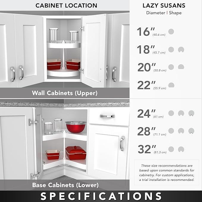 Rev-A-Shelf 18" Pie-Cut Dual Tier Lazy Susan Organizer for Corner Wall Kitchen Cabinets, Plastic Home Rotating Storage Shelve