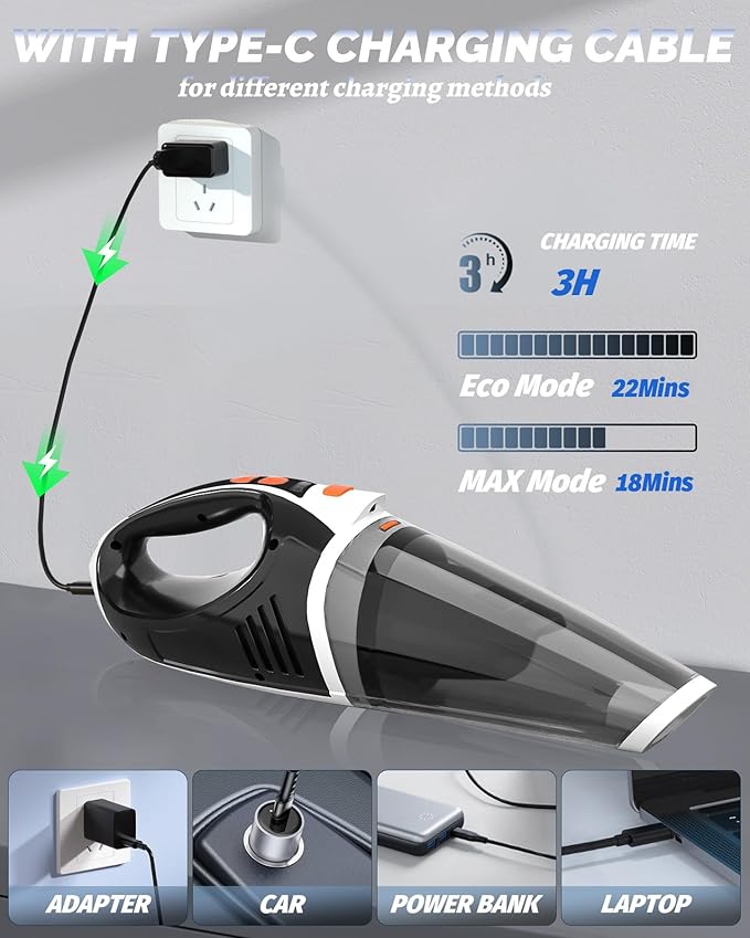 BRL Handheld Vacuum Cordless, Car Vacuum Cleaner with Powerful Suction, 2 Modes Mini Hand Vacuum, Dry & Wet, LED Light, Porta