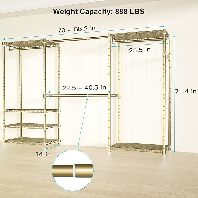 Ulif E1 Heavy Duty Closet Garment Rack, 6 Tiers Adjustable Metal Freestanding Expandable Clothing Storage with 4 Hanger Rods,