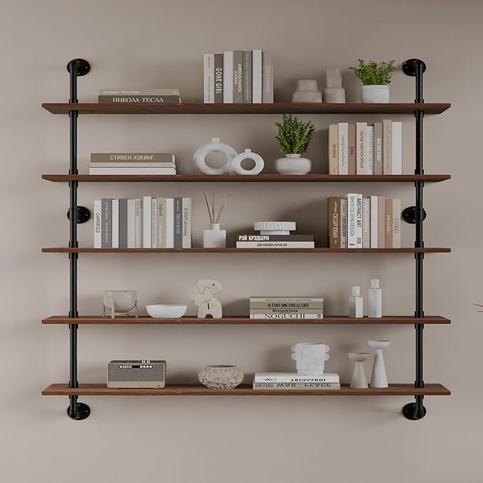 Floating Shelves for Wall Bookshelf Industrial Pipe Shelving Shelves 48 Inch 5 Tier Natural Wood Planks Rustic Wall Shelves H