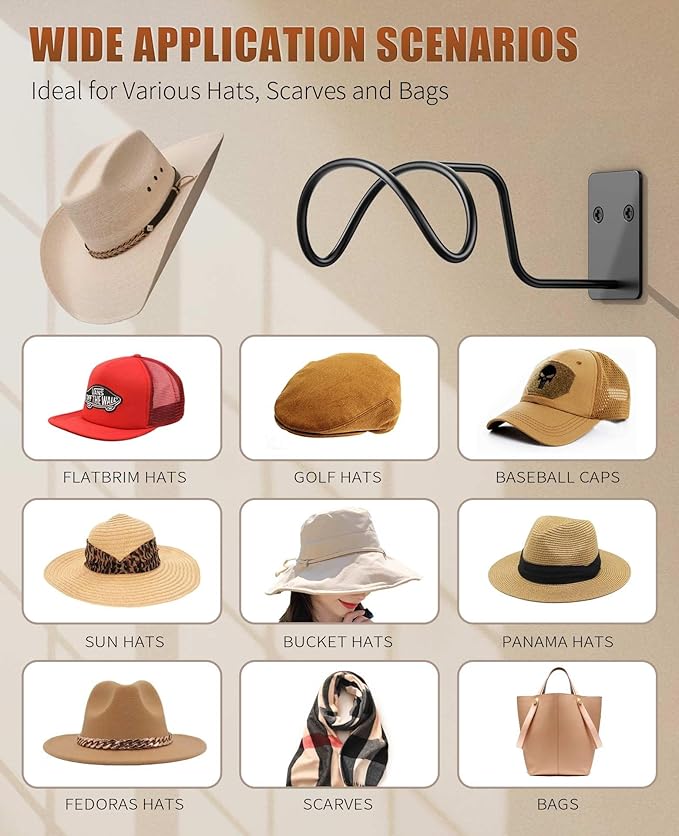 Livelab Cowboy Hat Holder, (4 Pack) Cowboy Hat Rack for Wall Mount, Metal Hat Organizer Storage Cowboy Hats Hanger Hooks for 