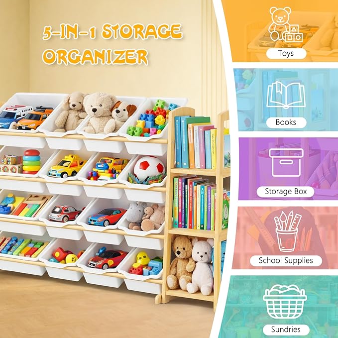 Kids Toy Storage Organizer with Bookshelf – Wooden Shelf with 16 Bins & 3 Shelves, Quick Assembly Storage Rack for Playroom, 