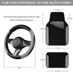CAR PASS Faux Leather Steering Wheel Cover and Waterproof Car Floor Mats,Universal Car Combo Fit for 95% Sedan,SUV,Cars,14.5-15inch Sporty Anti-Slip Safety Comfortable Design(Black＆Gray)
