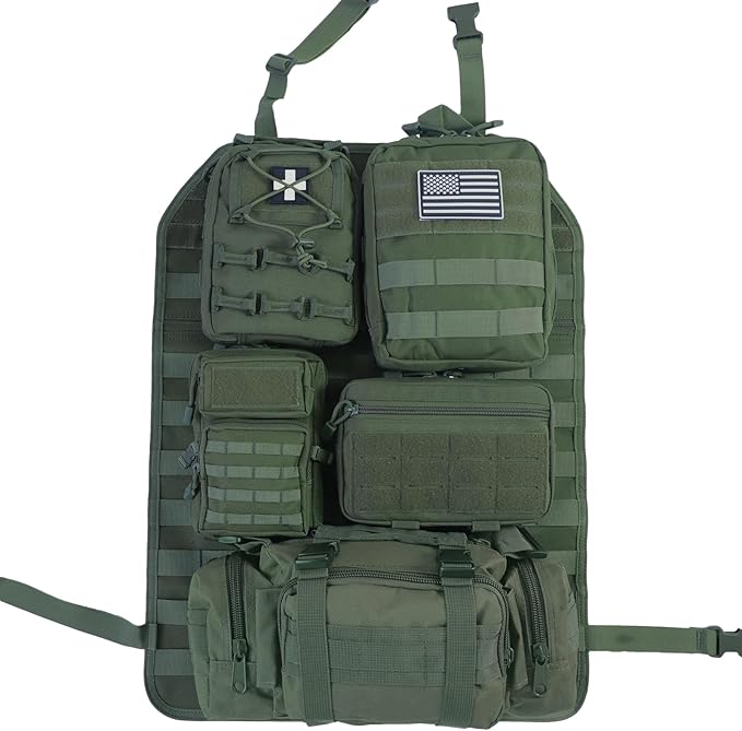 Universal Tactical Car Seat Back Organizer Bag Tactical Molle Vehicle Organizers Panel Vehicle Protector Organizers with 5 Detachable Pouches for Car Truck Ford Jeep (Model B-Army green)