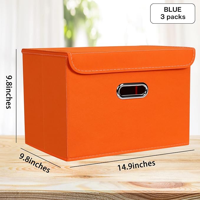 Linen Fabric Foldable Collapsible Storage Cube Bin Organizer Basket Fabric Storage Bins with Lid, Leather Handles, Removable 