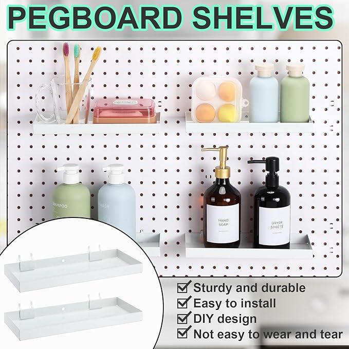 Blulu 4 Pcs Pegboard Shelves, 10 x 4 Inch Metal Heavy Duty Wall Mounted Pegboard Shelf Tray Accessories with Lip for Craft Ro