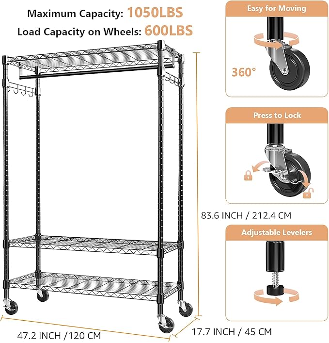 M MZG Heavy Duty Rolling Garment Rack 3 Tiers Adjustable Wire Shelving Clothes Rack with Rods and Side Hooks,Storage Closet C