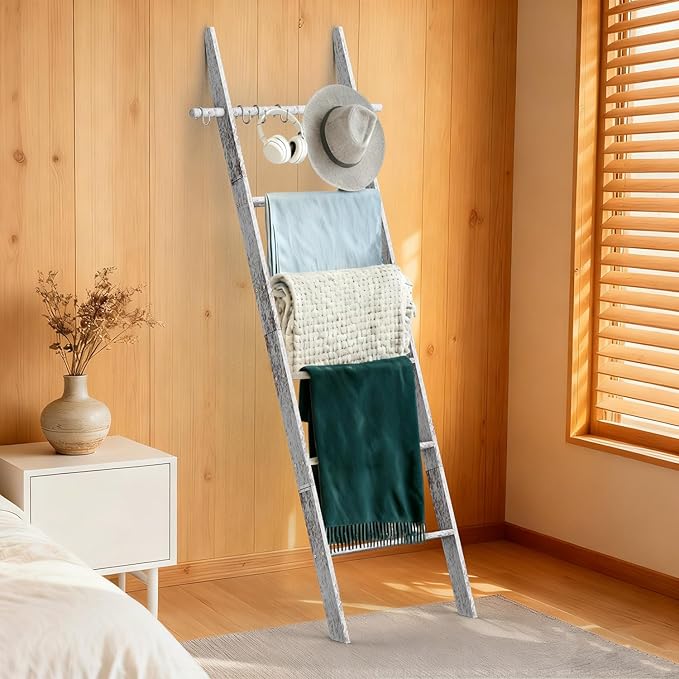 Farmhouse Wooden Blanket Ladder Living Room with Removable Hooks, 6-Tier Blanket Rack Decorative Stand, Leaning Towel Quilt R