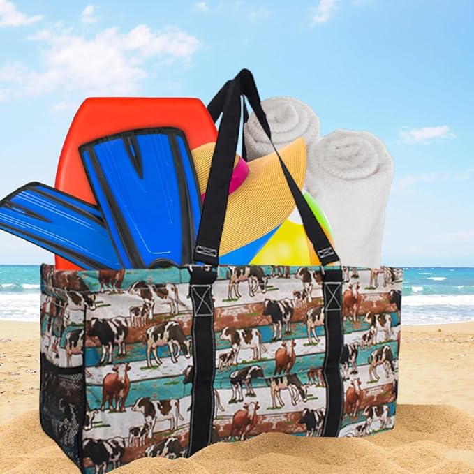NGIL Extra Large Utility Tote Reusable Grocery Bag Oversized Collapsible for Groceries, Storage, Picnic, Beach (Country Cow-Black)