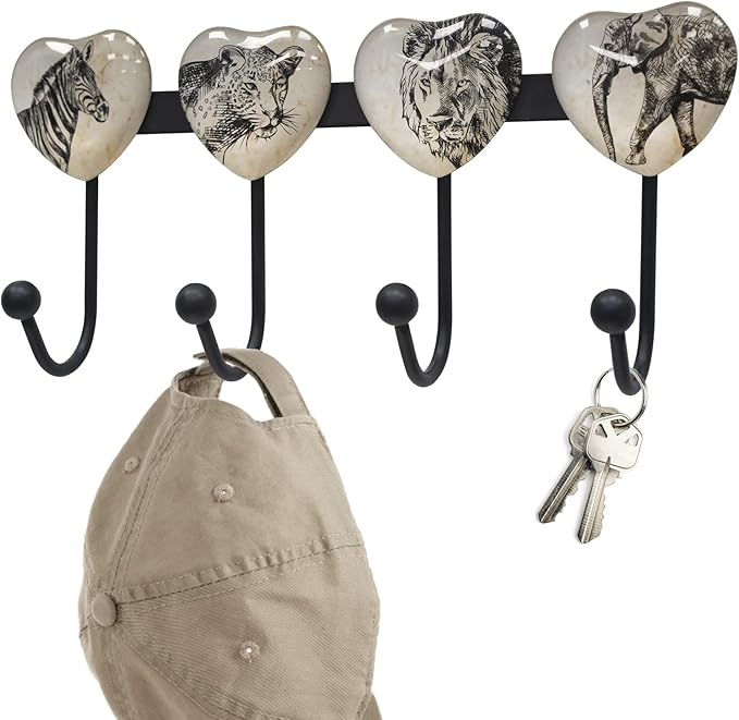 Coat Rack Wall Mounted with 4 Hook, Heart Glass Finishes Animal Pattern Elephant Lion Zebra Leopard Decorative Wall Hooks for