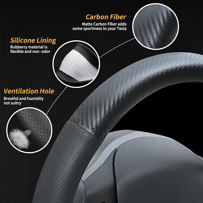 Carbon Fiber Leather Steering Wheel Cover for Tesla Model 3/Y 2016-2025 2026 Juniper/Highland, Non-Slip Breathable Steering Wheel Protector for Tesla Model 3/Y Accessories 2026