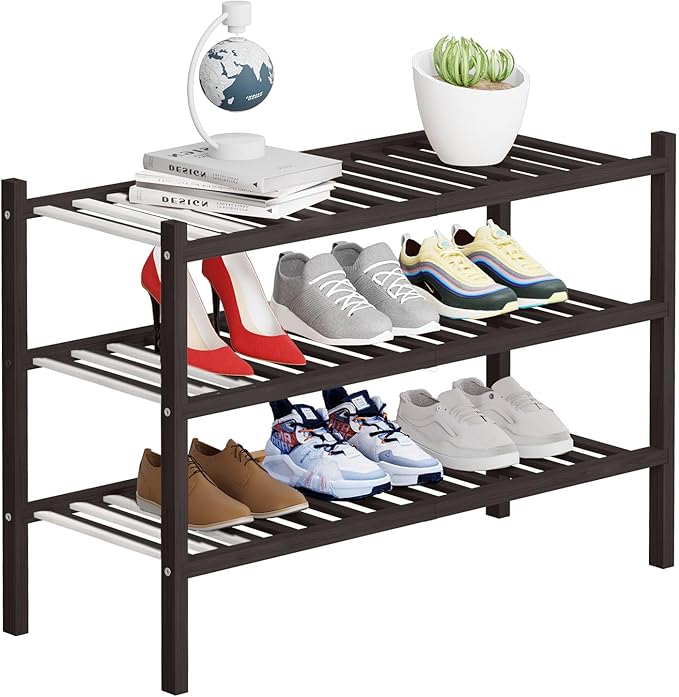 3 Tier Bamboo Shoe Rack Storage Organizer for Closet, Multifunctional Stackable Free Standing Shoe Shelf Organizer for Small 