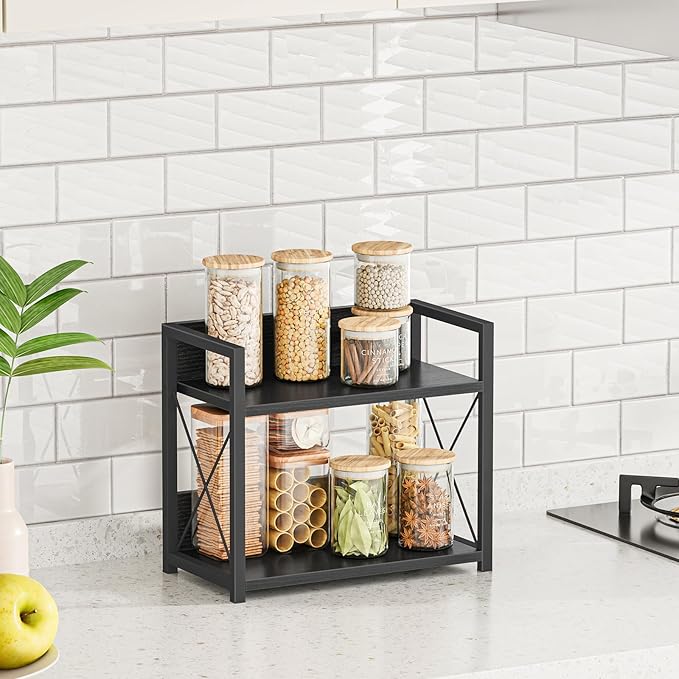 Giikin Kitchen Counter Shelf, 2 Tier Kitchen Spice Rack Organizer for Countertop, Wood Coffee Bar Organizer for Home (Black, 