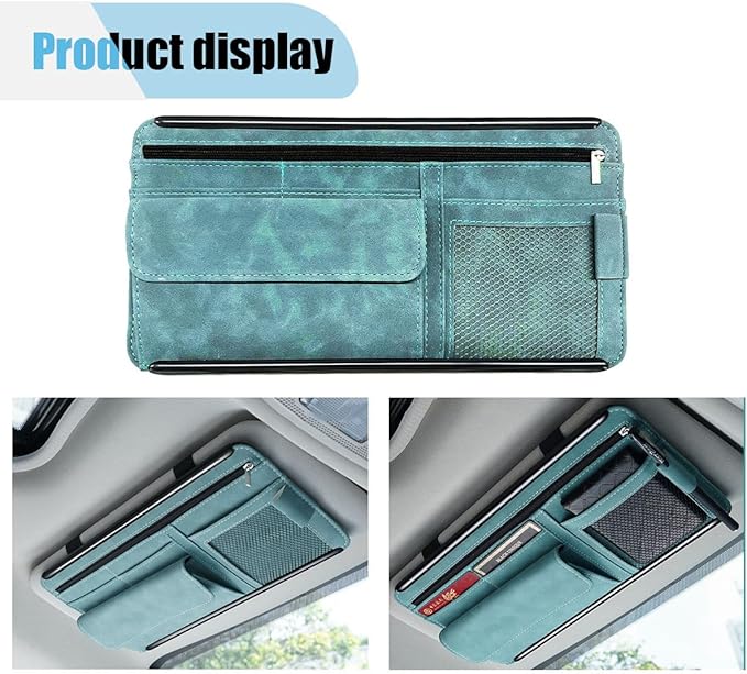 Car Sun Visor Organizer, Car Storage Pouch Holder with Multi-Pocket Net Zipper, Suede Note Holder Car Visor Storage Organizer with Glasses Case, Sunglass Holder for Car Interior Accessories (Blue)