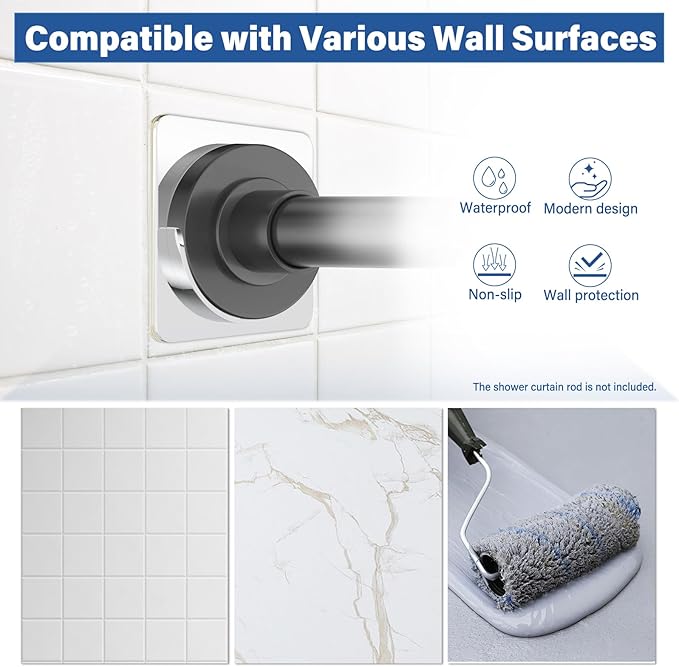 Metal Shower Rod Holders, Adhesive Shower Curtain Rod Holder for Wall- No Drilling or Screw Mount, 2 Pack Heavy Duty Shower R