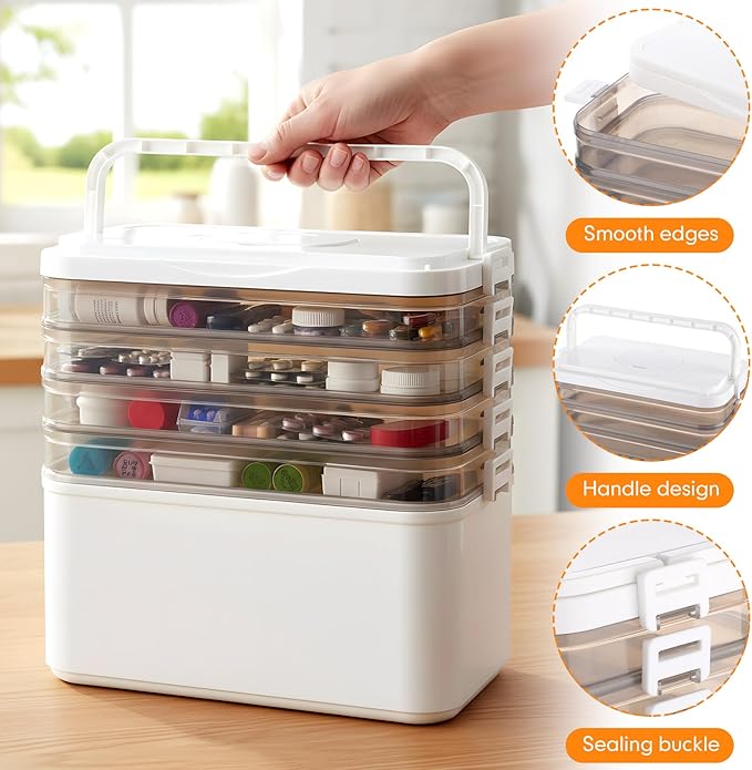 5-Tier Medicine Organizer-12 x 7 x 12.2 Inch Portable Medicine Cabinet Organizer with Plastic Handle All-Purpose Medical Box 