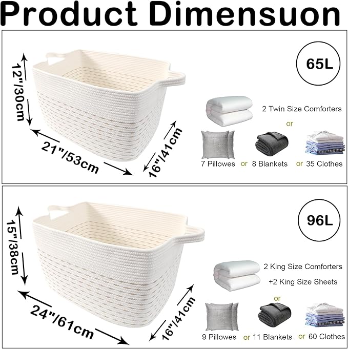 65L Large Blanket Basket,21"x16"x12" Rectangle Storage Bin with Handles,Woven Rope Laundry Basket for Toys, Clothes,Pillows,M