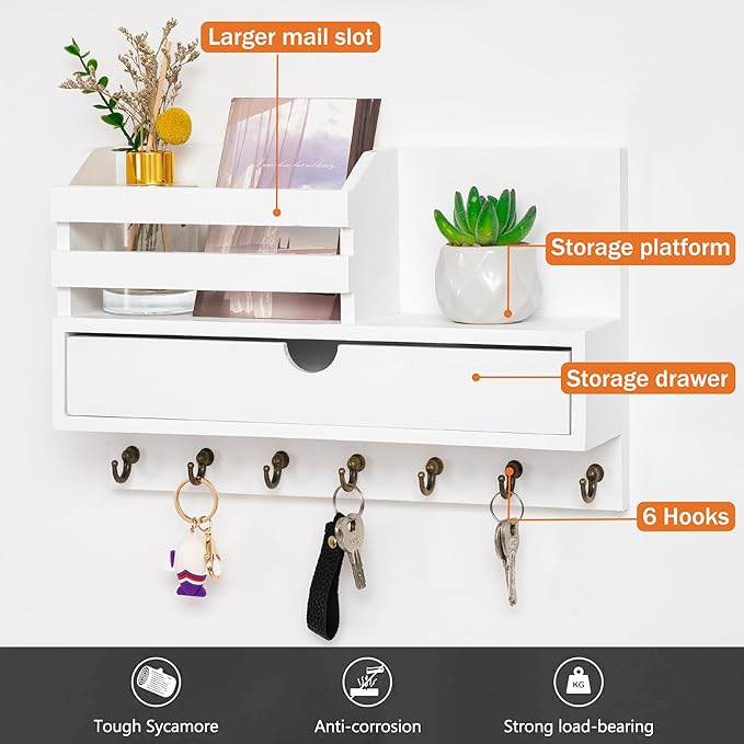 dreampossible Key and Mail Holder for Wall, Mail Organizer Wall Mount with 6 Hooks and Storage Drawer, Wooden Key Rack Hanger