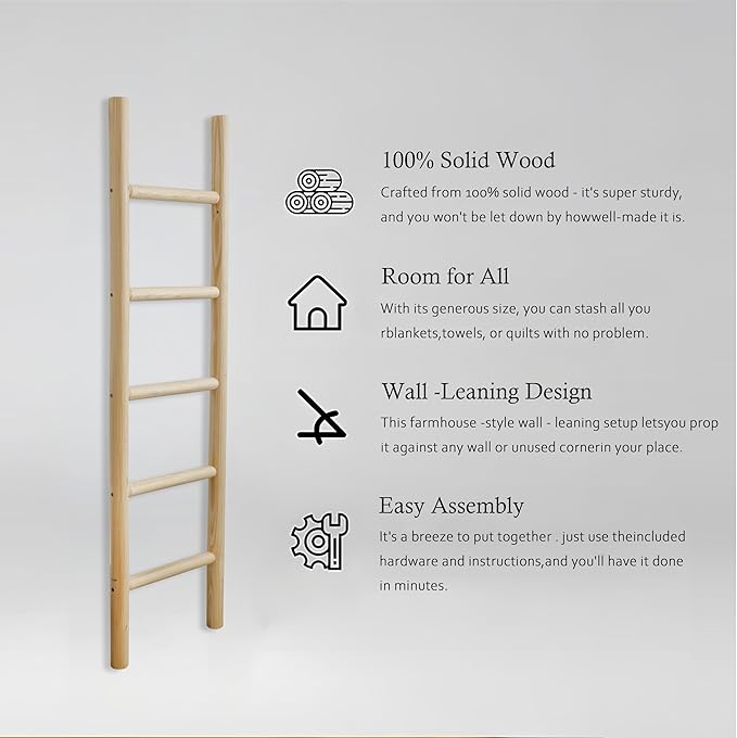 Wooden Blanket Ladder - 57in Natural Wood Color- Leaning Wall Decor for Bedroom, Bathroom, Living Room - Rustic Quilt Holder 