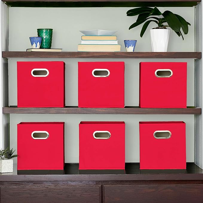 Household Essentials Foldable Fabric Storage Cubes 6-Pack – 11x11x11 Stackable Non-Woven Bins with Chipboard Sides & Grommet 