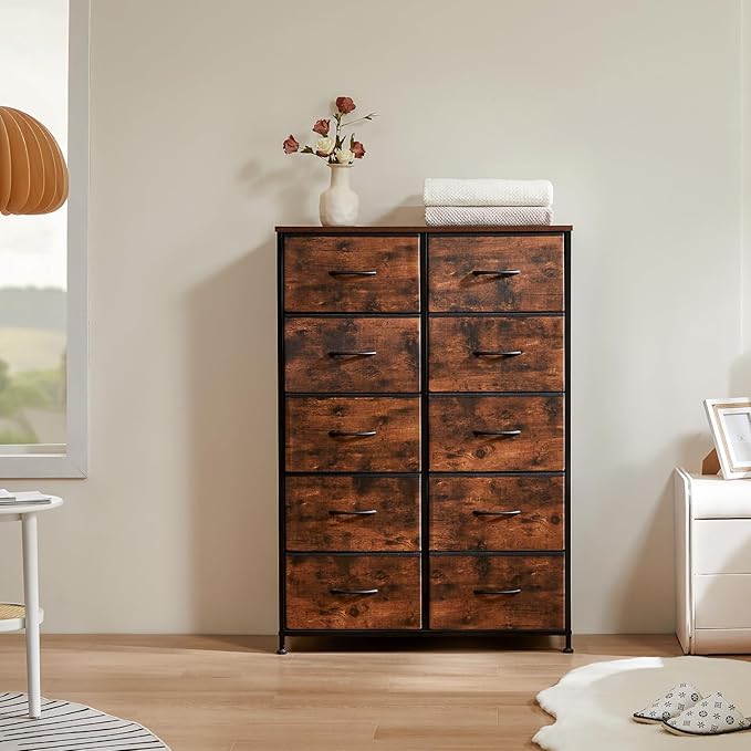 DUMOS Dresser for Bedroom, 10 Storage Drawers, Wide Fabric Closet Chests Organizer Tower Furniture with Wooden Top Metal Fram
