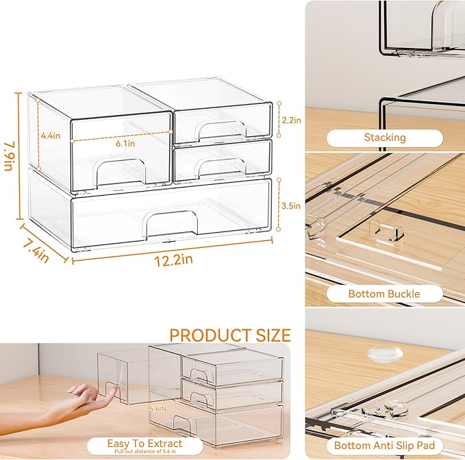 Yieach 4 Pack Clear Stackable Storage Drawers,Pull-Out Medicine Cabinet Organizer and Containers,Large Acrylic Organizers Dra