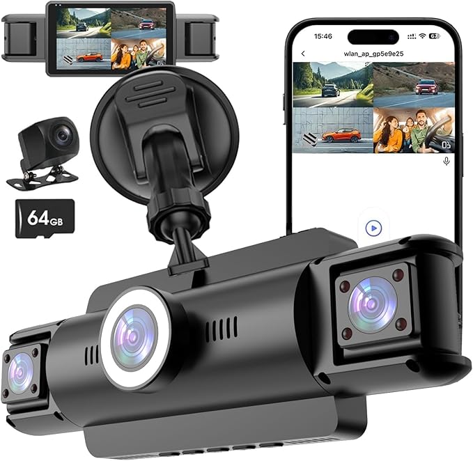4 Channel 4K Dash Cam Front and Rear Inside, 360° View 1080P Dash Camera for Cars, Super Night Vision, Gravity Sensor, Loop R