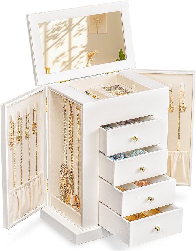 Emfogo Jewelry Boxes for Women, 5-Layer Large Leather Jewelry Organizer Box with Mirror and Drawers, Jewelry Storage for Neck