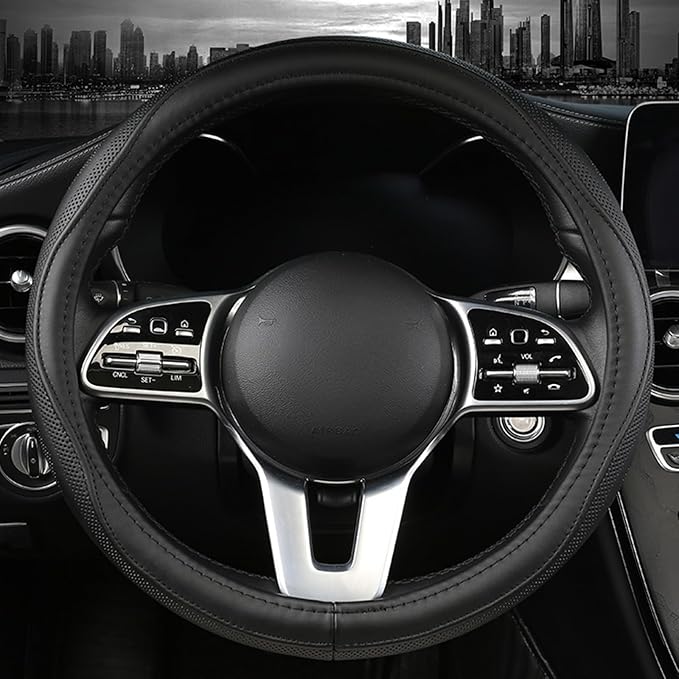 Cowhide Steering Wheel Cover Heat Resistant Anti-Slip Car Wheel Wrap Compatible with Most Makes and Models of Cars and Trucks with 14.5 to 15 Inch Steering Wheel(Black)
