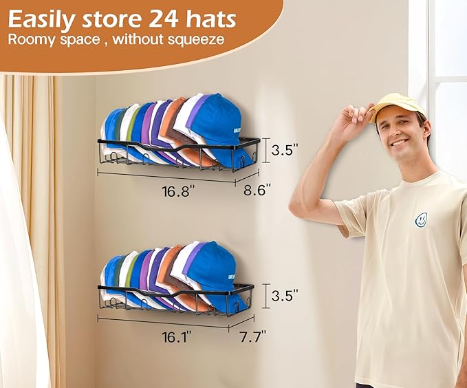 KEETDY Metal Hat Racks for Baseball Caps Wall Hat Organizer Fit 48 Caps Holder, 2 Packs Sturdy Wall Mounted Hat Storage Organ