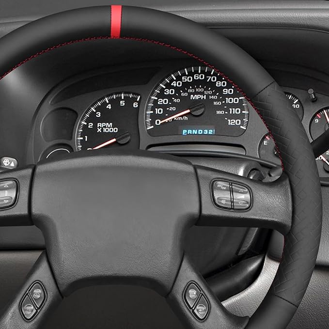 MEWANT Hand Stitched Steering Wheel Cover for Chevy Silverado 1500 2003-2006 Black Genuine Leather Steering Wheel Wrap