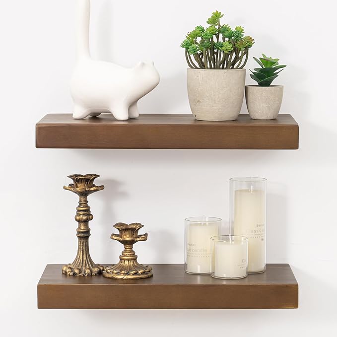 Marsmiles Wood Floating Shelves | Rustic Dark Wood Wall Shelves Set of 2 | 16" W x 7.7" D x 1.6" H Dark Wooden Shelves for Ba