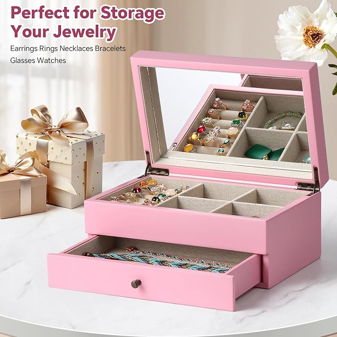 Meangood Jewelry Box Organizer for Women, 2 Layer Large Jewelry Storage Case, Rustic Wooden Jewelry Box with Mirror & Ring Tr