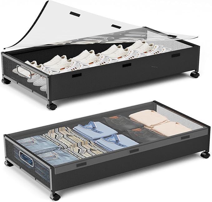 Under Bed Storage Containers with Wheels, 80L Extra-large Underbed Shoe Storage Organizer 2 Pack with Removable Lids, Large R