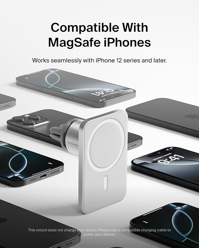 Belkin MagSafe Vent Mount Pro - MagSafe Phone Mount for Car, Magnetic Phone Holder Compatible with iPhone 17, 16, 15, Series, 14 Series, Pixel 10, and More - Gray