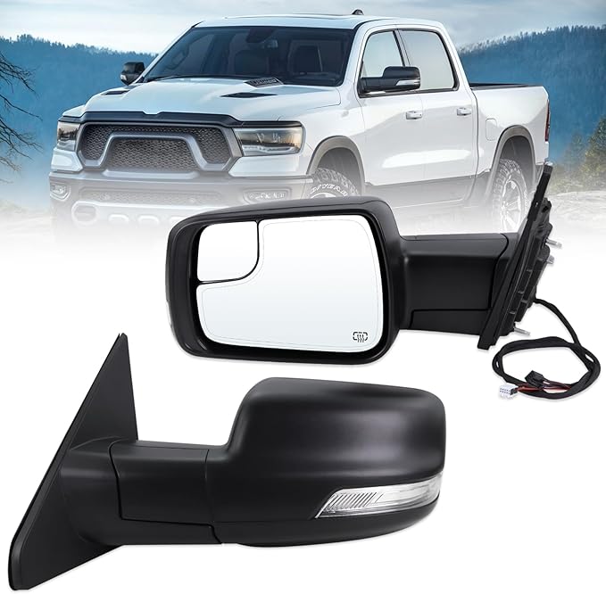 Left Driver Side Mirror Compatible With 2019-2026 Ram 1500 With Power Folding Heated Turn Signal Puddle Light Temperature Sensor Matte Black Replace#68462769AB(8+6Pins)