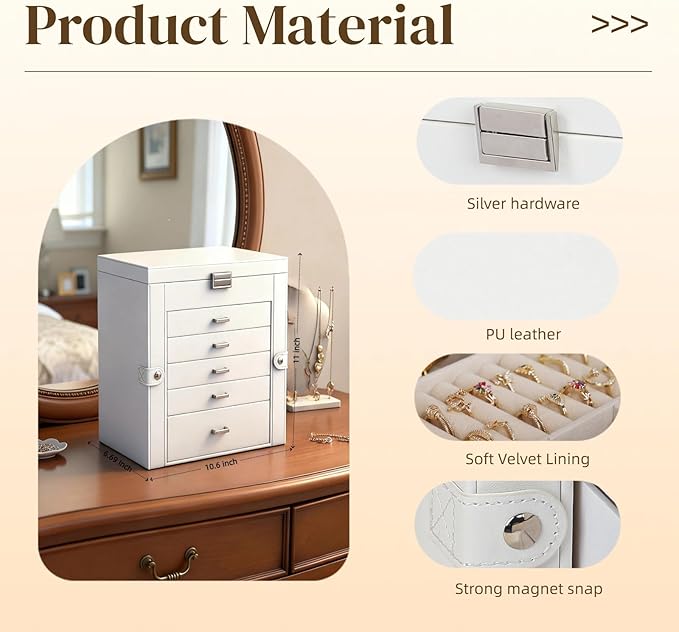BOOVO Jewelry Box For women, 6 Layer Large Jewelry Organizer With Mirror, Multi-Function Storage Box With Lock, Necklace Hold