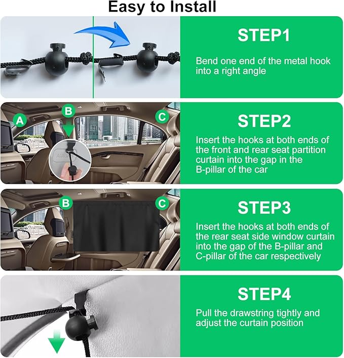 Set of 3 Car Window Shades, 1 Rear Seat Divider Curtain & 2 Rear Side Window Sun Shades, 95% Light Blocking Car Window Covers Privacy Protection Curtains for Breastfeeding,Taking a nap,Camping,