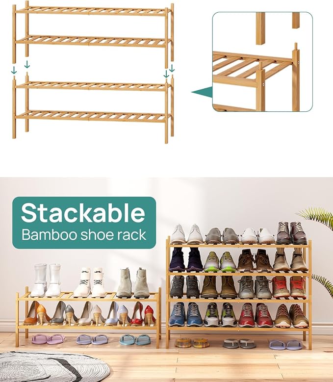 viewcare 2-Tier Long Shoe Rack for Entryway, Black Bamboo Wood Shoe Rack for Closet & Hallway, Long 33IN | Beautiful | Functi
