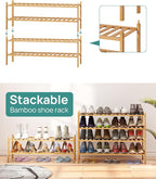 viewcare 2-Tier Long Shoe Rack for Entryway, Black Bamboo Wood Shoe Rack for Closet & Hallway, Long 33IN | Beautiful | Functi
