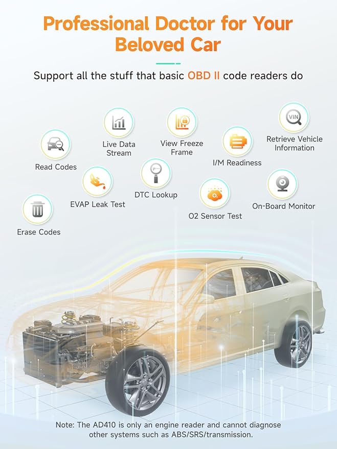 ANCEL AD410 Enhanced OBD2 Scanner, Vehicle Code Reader for Check Engine Light, Automotive OBD II Scanner Fault Diagnosis,