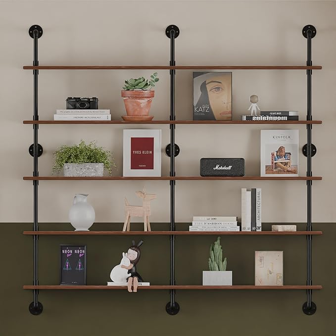 Industrial Pipe Shelf Shelving Bookcase, Wall Mounted Rustic Bookshelf 60 Inch, Floating Bookshelves for Wall,Retro Wood Meta
