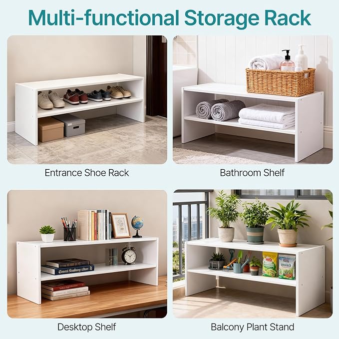 DUMOS 31 Inch Stackable White Shoe Rack, 2-Tier Wooden Storage Benches Organizer, Freestanding Entryway Bench for 6-9 Pairs S